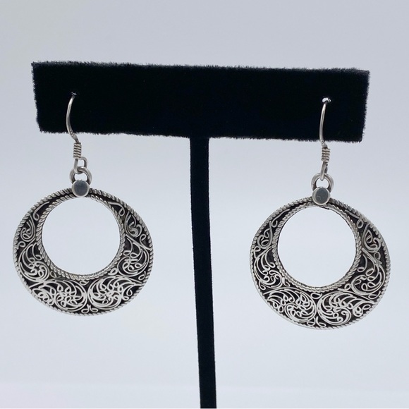 Vintage Sterling Silver 925 Filigree Hoop Dangle Earrings - Picture 2 of 8